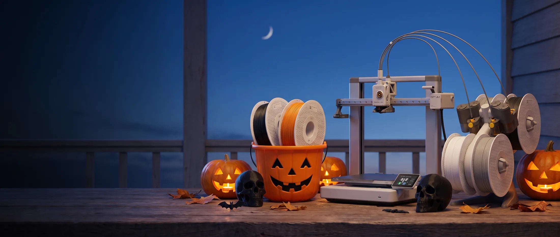 Bambu Lab A1 Combo on a wooden porch table at dusk, with pumpkins and two spools