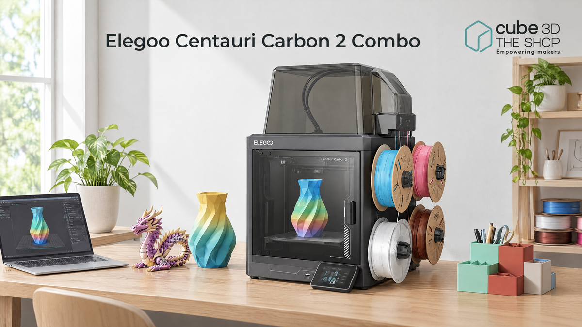 Elegoo Centauri Carbon 2 Combo with its CANVAS four-spool rack on an oak desk in a bright maker studio, next to multicolour 3D prints and a laptop