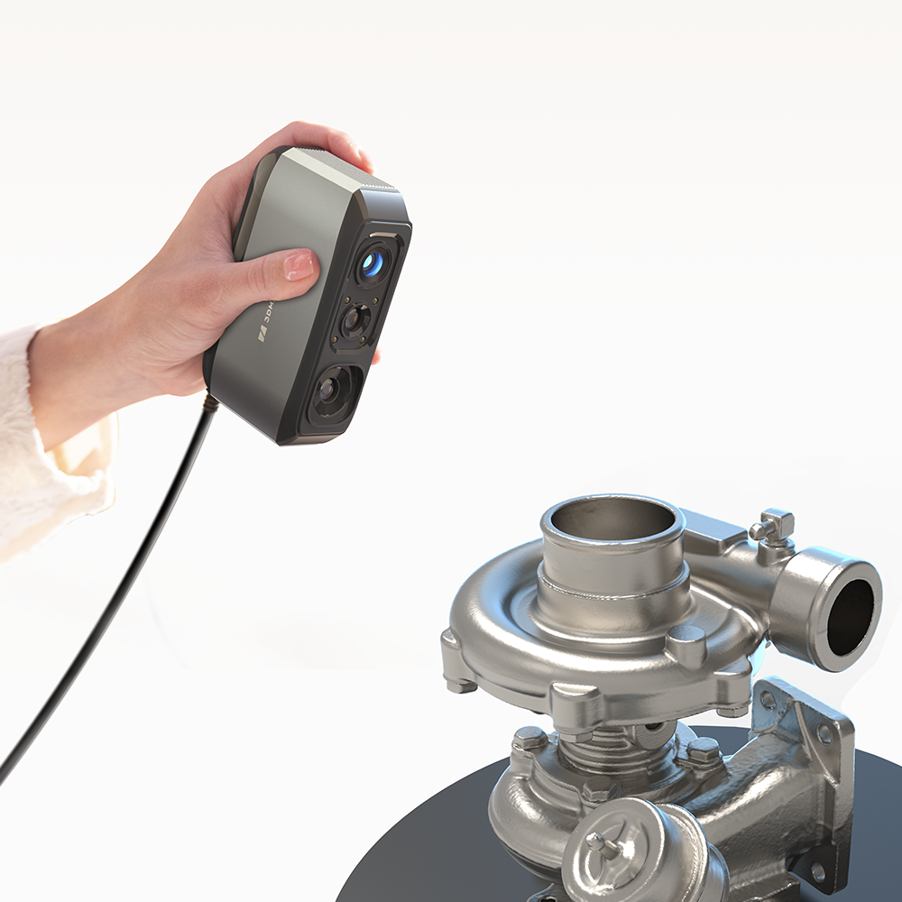 3DMakerpro Moose 3D Scanner scanning a metal turbocharger for reverse engineering