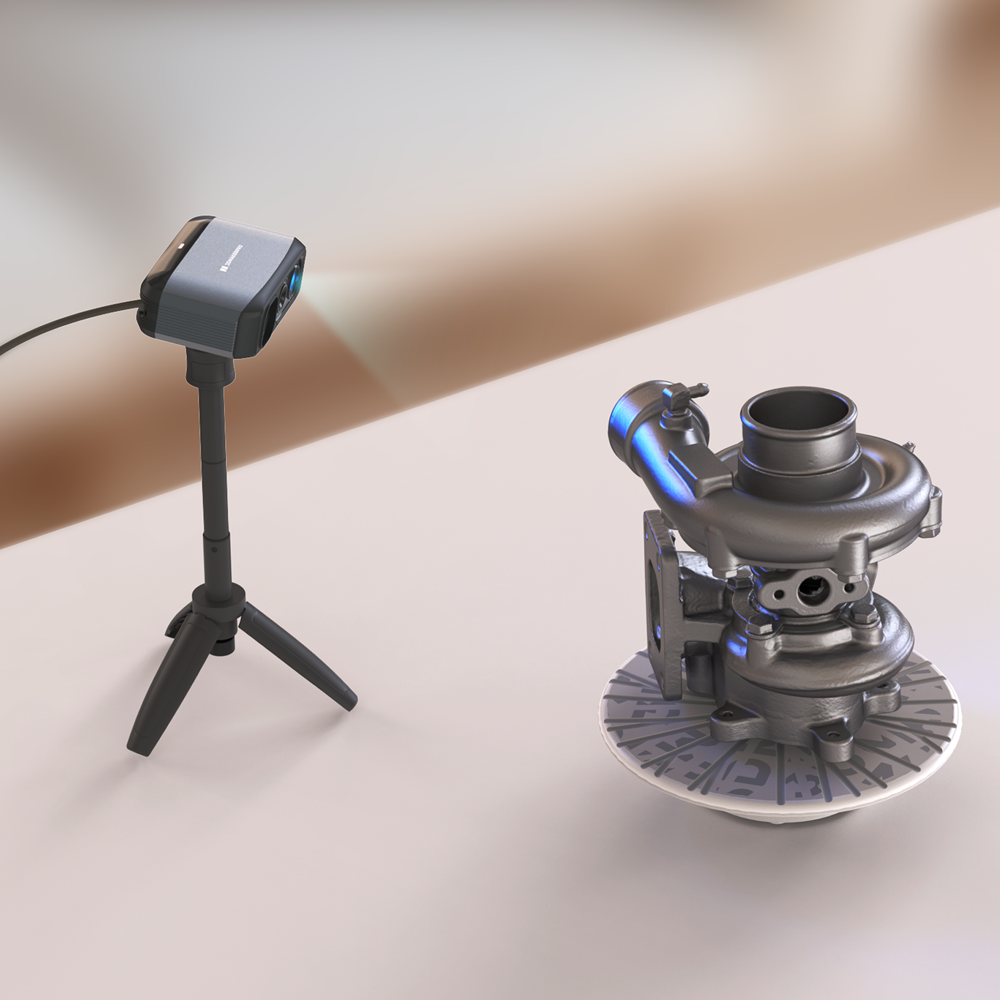 3DMakerpro Moose on tripod scanning a metal turbine on a turntable