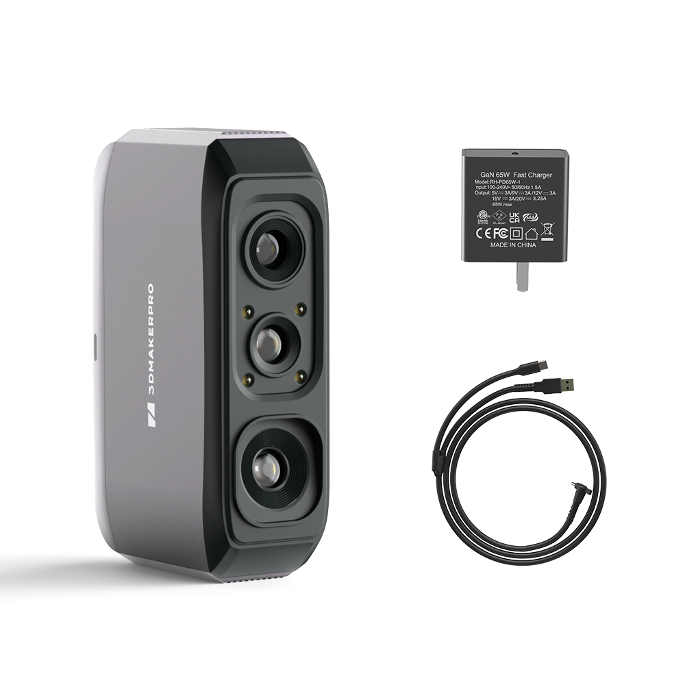 What's in the box: 3DMakerpro Moose Lite Standard — scanner, 65W charger, data cable