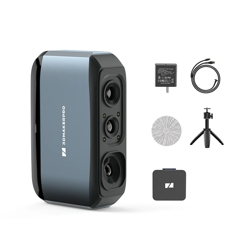 What's in the box: 3DMakerpro Moose Premium — scanner, charger, cable, turntable, tripod, carry bag