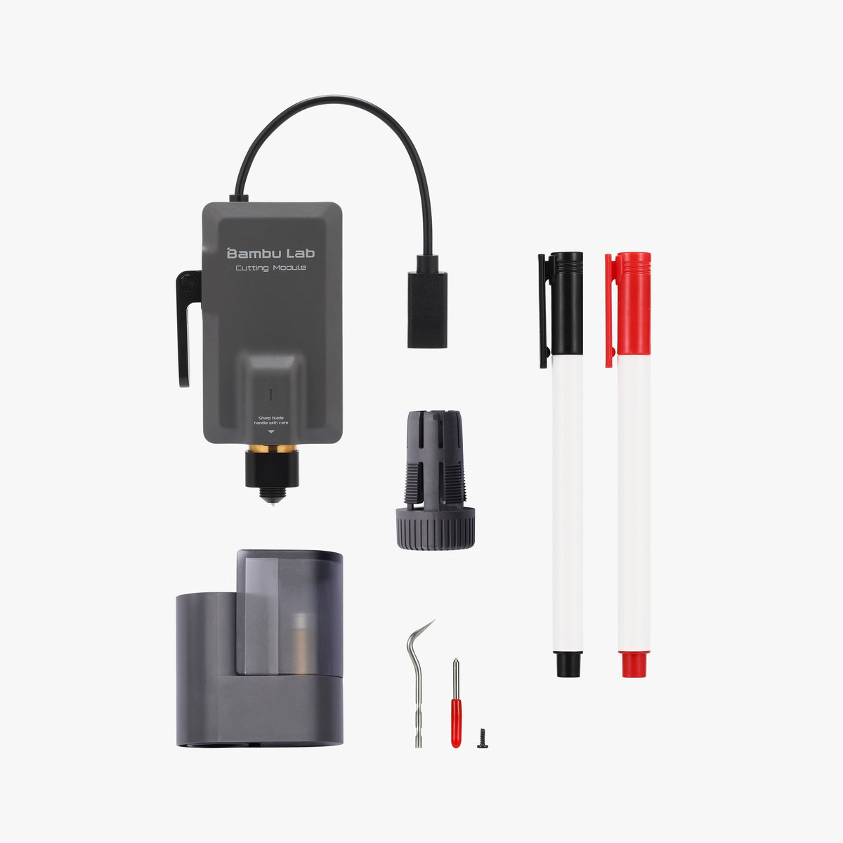Bambu Lab Cutting Module Kit contents: cutting module, platform, blade, weeding tool, pen holder and markers