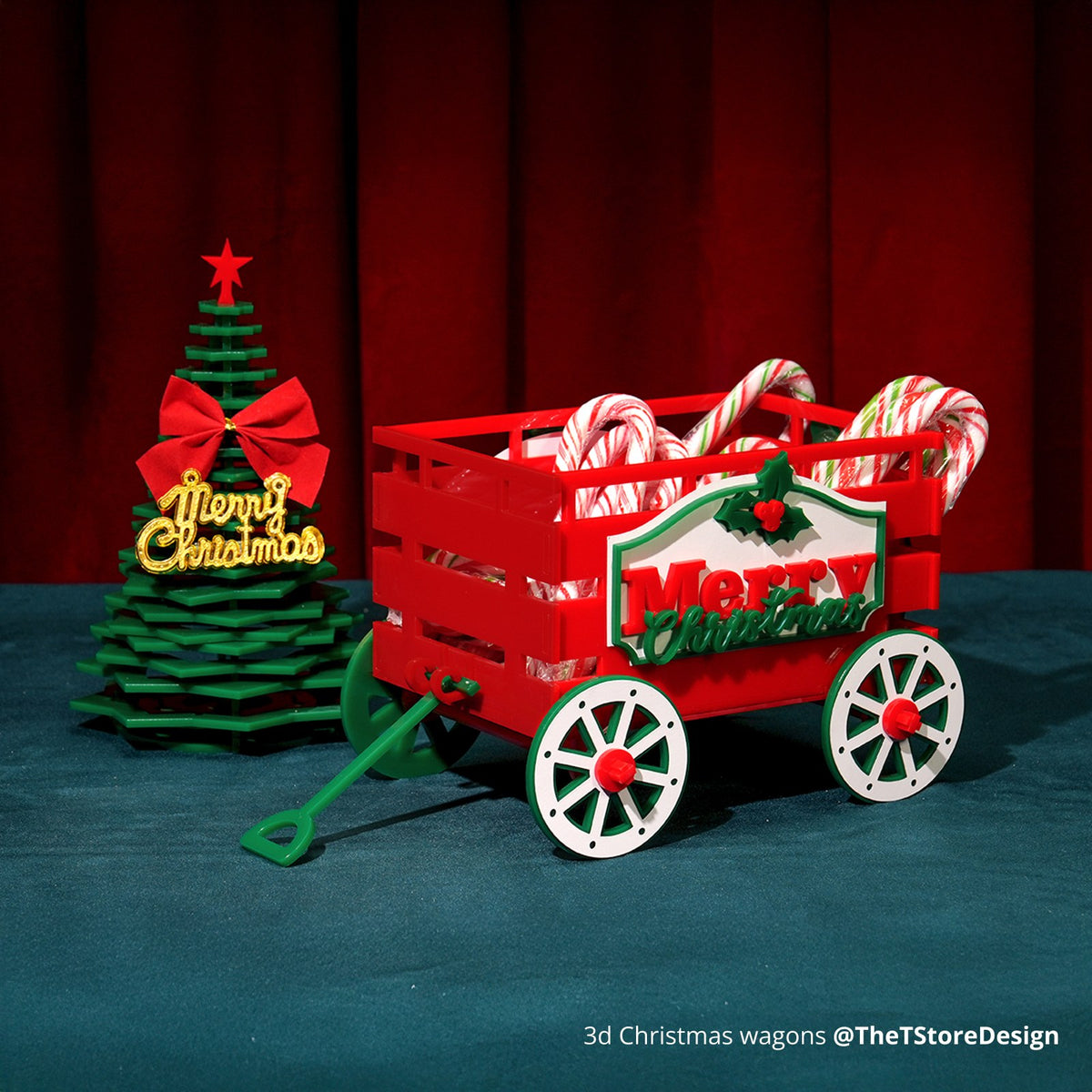 Laser-cut wooden wagon and Christmas tree made with a Bambu Lab H2 laser
