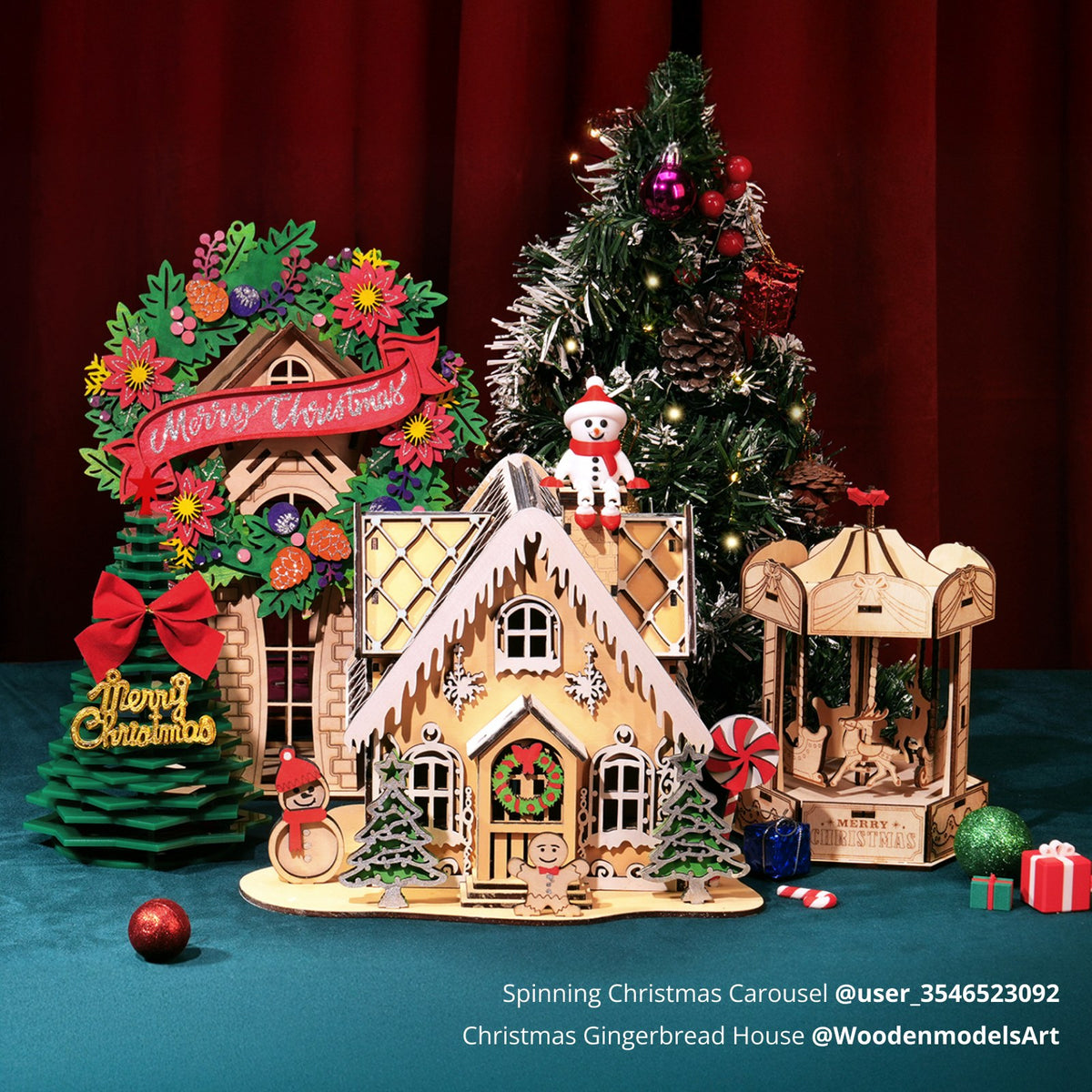 Laser-cut plywood gingerbread house and carousel