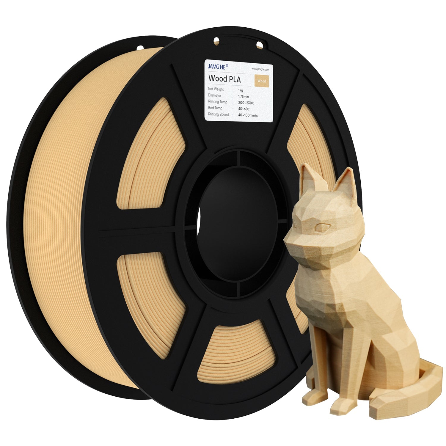 Jamghe PLA Wood Filament 1kg spool in natural wood colour with a printed low-poly cat model