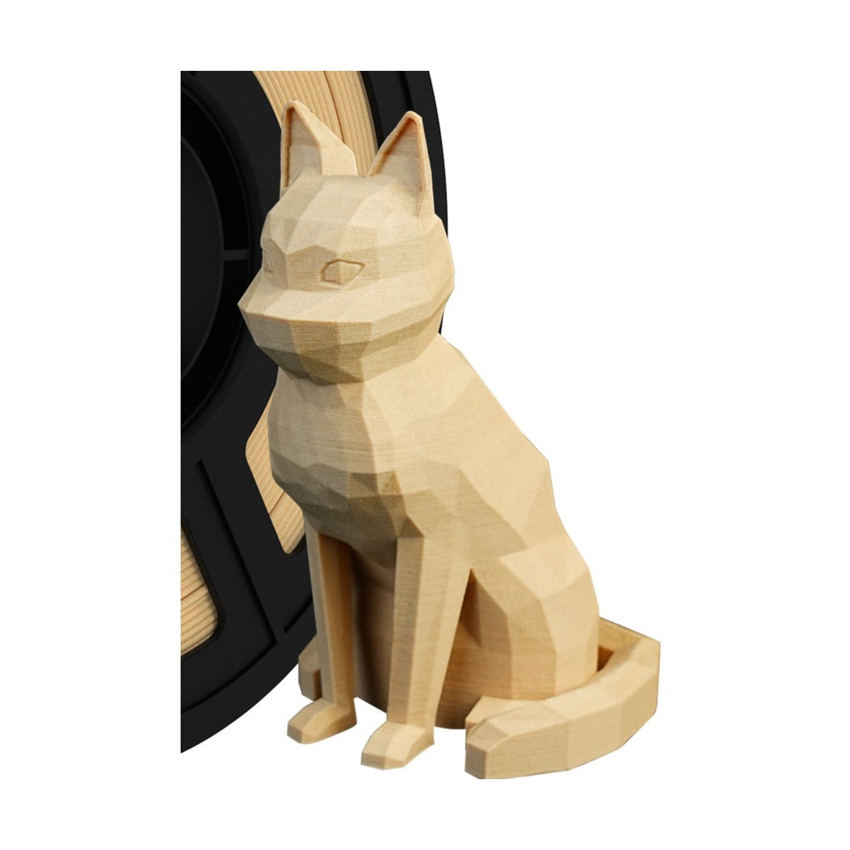Jamghe PLA Wood Filament - printed low-poly cat showing the matte wood grain finish
