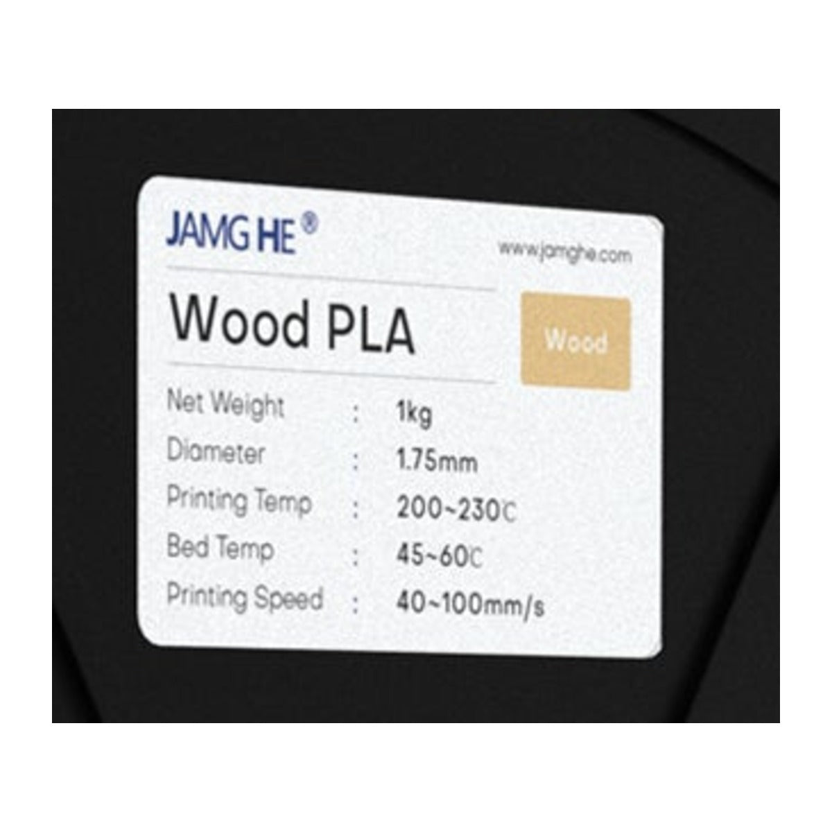 Jamghe PLA Wood Filament spool label - 1kg, 1.75mm, 200-230C nozzle, 45-60C bed, 40-100mm/s