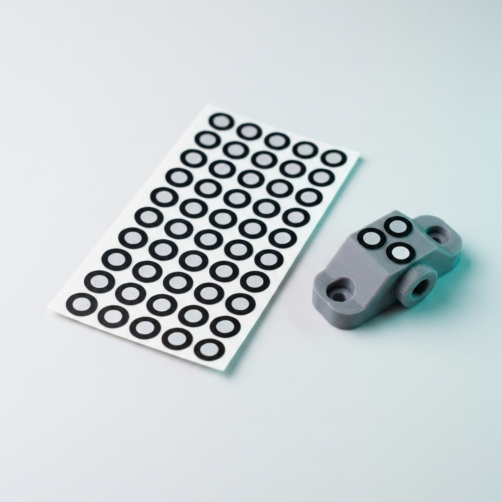 Cube 3D Scanning Markers 6mm/10mm sheet with markers applied to a 3D printed part